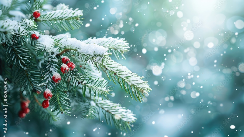 Close up of snow covered fir tree branches with red berries against blurred background of falling snow. Close up of snow covered fir tree branches with red berries against blurred background of falling snow.
