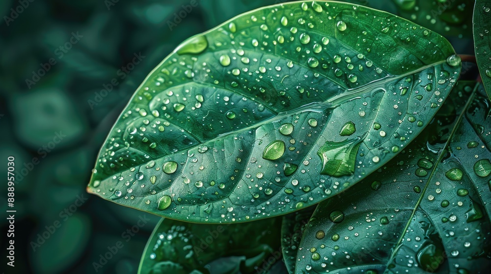 Fototapeta premium Close-up of fresh green leaves with water drops.