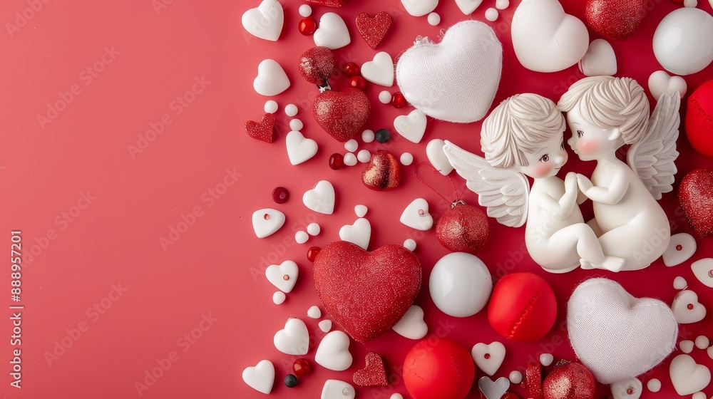 Artistic Valentine's Day toy display with miniature cupids, heart motifs, and a festive backdrop of vibrant holiday colors Artistic Valentine's Day toy display with miniature cupids, heart motifs, and a festive backdrop of vibrant holiday colors
