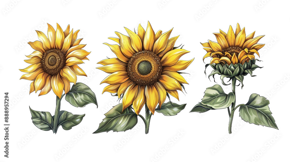Fototapeta premium A captivating set of sunflowers on a transparent background, showcasing the beauty of summer blooms. Ideal for home decor or floral designs.