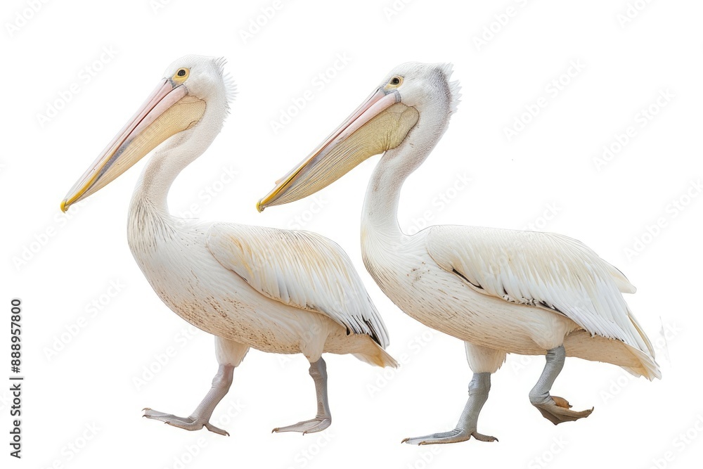 Two White Pelicans Walking Side by Side Two White Pelicans Walking Side by Side