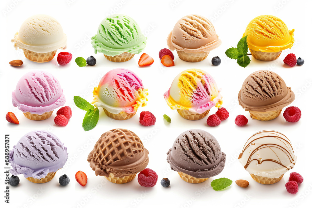 Scoops of Ice Cream with Various Flavours with fruit Scoops of Ice Cream with Various Flavours with fruit