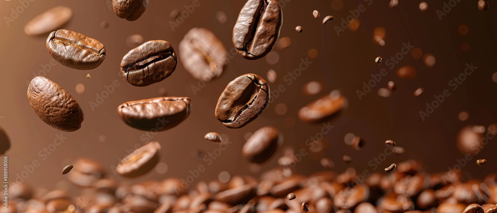 Roasted coffee beans falling on heap against brown background, closeup Roasted coffee beans falling on heap against brown background, closeup