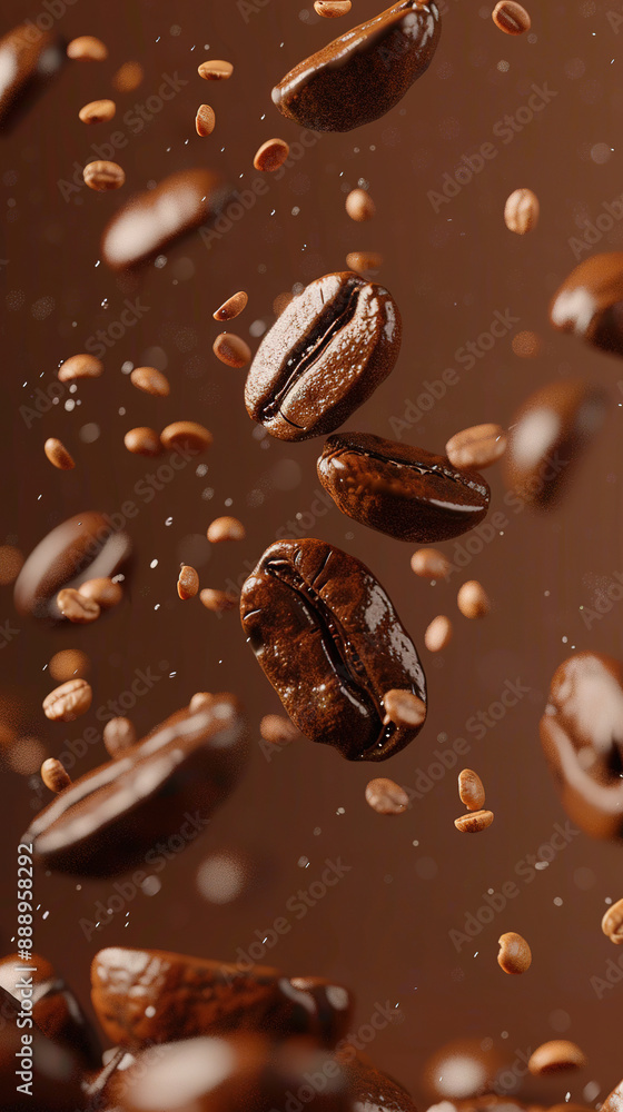 Roasted coffee beans falling on heap against brown background, closeup Roasted coffee beans falling on heap against brown background, closeup