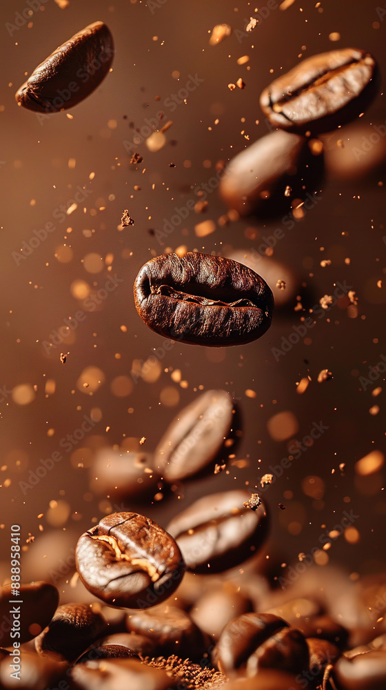 Roasted coffee beans falling on heap against brown background, closeup Roasted coffee beans falling on heap against brown background, closeup