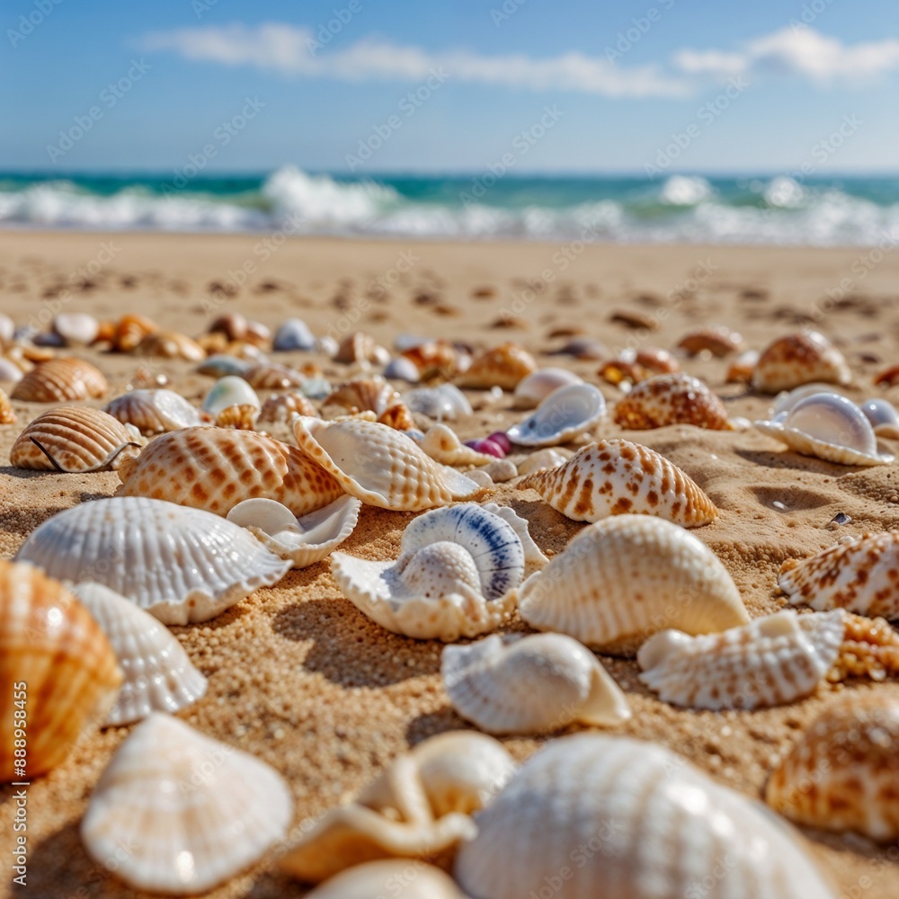 A closeup of various seashells scattered on a sandy beach, with the ocean out of focus in the background. A closeup of various seashells scattered on a sandy beach, with the ocean out of focus in the background.