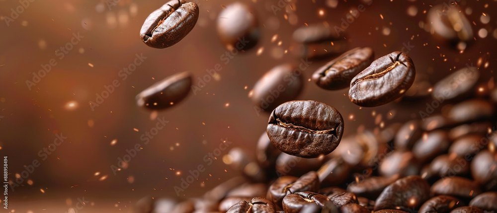 Roasted coffee beans falling on heap against brown background, closeup Roasted coffee beans falling on heap against brown background, closeup