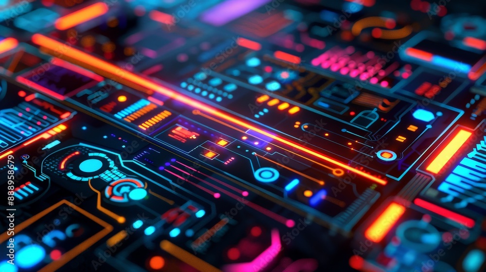Futuristic User Interface Design Studio with Robotic Tools and Neon Elements Futuristic User Interface Design Studio with Robotic Tools and Neon Elements