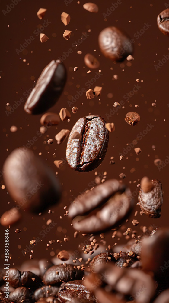 Roasted coffee beans falling on heap against brown background, closeup Roasted coffee beans falling on heap against brown background, closeup