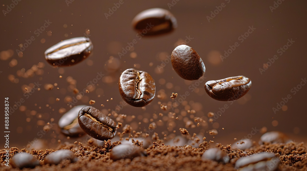 Roasted coffee beans falling on heap against brown background, closeup Roasted coffee beans falling on heap against brown background, closeup
