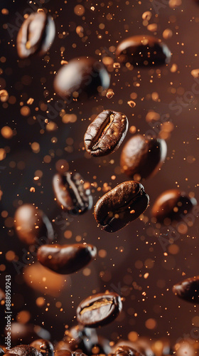 Roasted coffee beans falling on heap against brown background, closeup