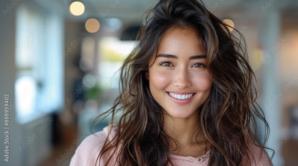 portrait of beautiful smiling woman with short wavy hair wearing pastel pink sweatshirt sitting at home portrait of beautiful smiling woman with short wavy hair wearing pastel pink sweatshirt sitting at home