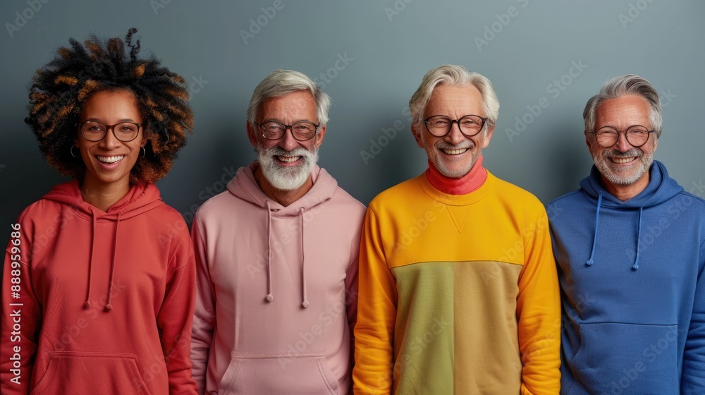 portraits of happy smiling diverse ethnic old men or women wearing pastel pink, yellow, green, blue, orange, purple, red sweatshirts isolated on solid color background. portraits of happy smiling diverse ethnic old men or women wearing pastel pink, yellow, green, blue, orange, purple, red sweatshirts isolated on solid color background.