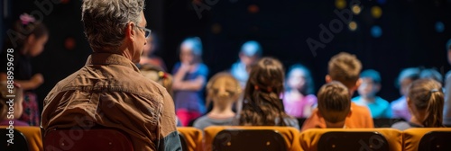 A director sits in a chair, observing a group of children performing on stage during a rehearsal © Ilia Nesolenyi