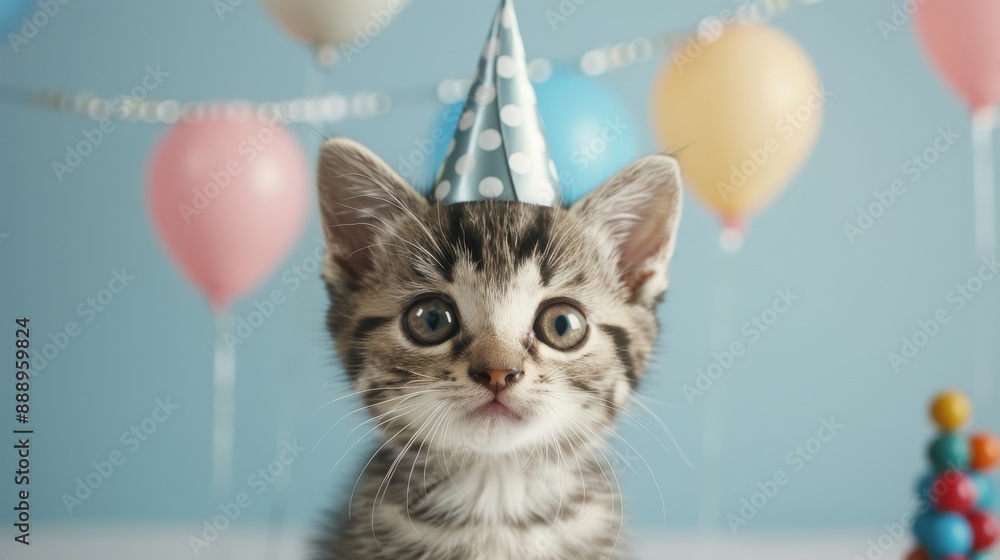 Charming kitten with large eyes, wearing quirky accessories like a tiny wizard hat, in a playful, toy-filled environment Charming kitten with large eyes, wearing quirky accessories like a tiny wizard hat, in a playful, toy-filled environment