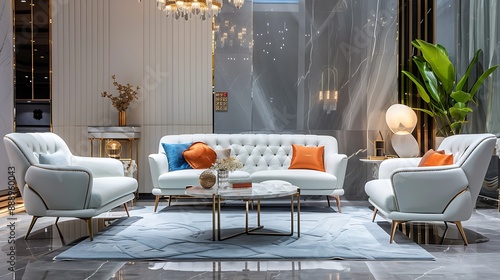 Modern living room interior with white leather sofa blue and orange pillows and marble walls photo