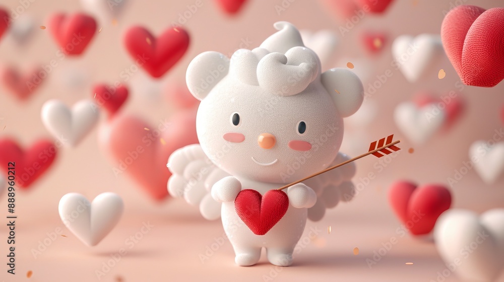 Cute Valentine's Day toy with cupid holding a bow, surrounded by floating hearts and love arrows, vibrant colors, intricate details Cute Valentine's Day toy with cupid holding a bow, surrounded by floating hearts and love arrows, vibrant colors, intricate details