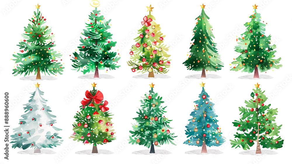 Fototapeta premium Festive Christmas card set featuring vibrant holiday designs, with merry christmas and happy new year wishes, adorned with traditional elements like christmas trees, snowflakes, and festive ornaments