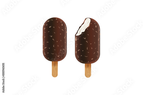 Realistic chocolate ice cream. Vector ad poster Icecream on stick. Sweet creamy dessert, dairy frozen summer food.