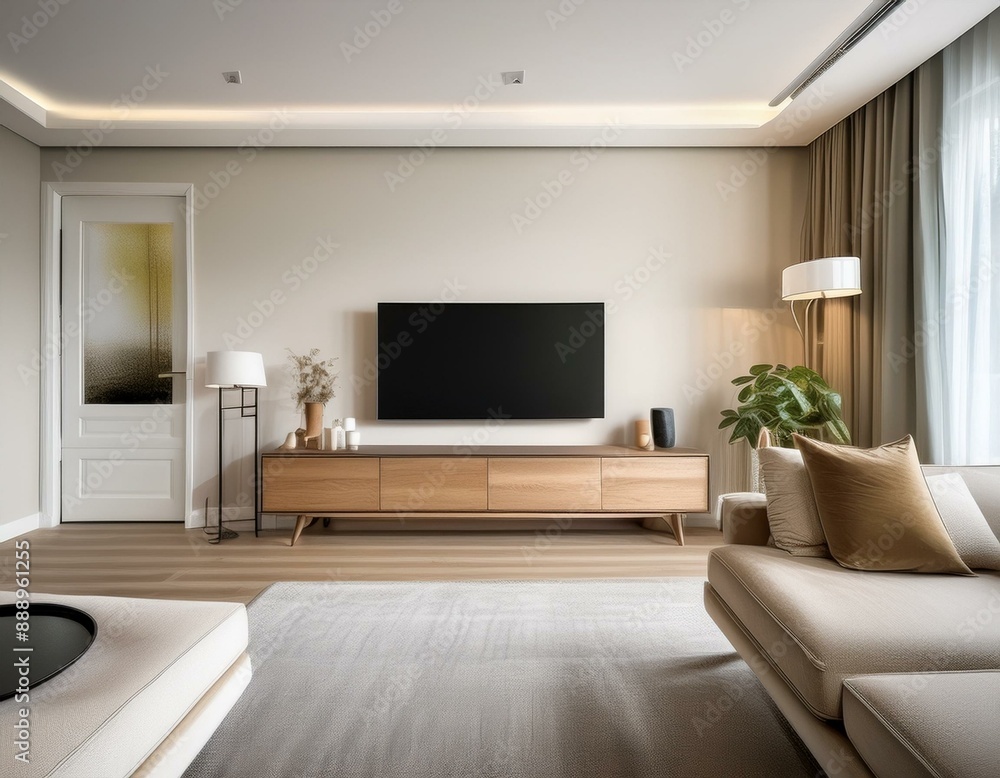 Leerer Bildschirm auf einem Smart-TV, der in einem stilvollen Wohnzimmer montiert ist. Leerer Bildschirm auf einem Smart-TV, der in einem stilvollen Wohnzimmer montiert ist.