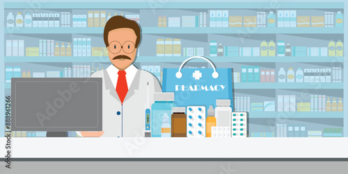 Male pharmacist at the counter in a pharmacy shop.