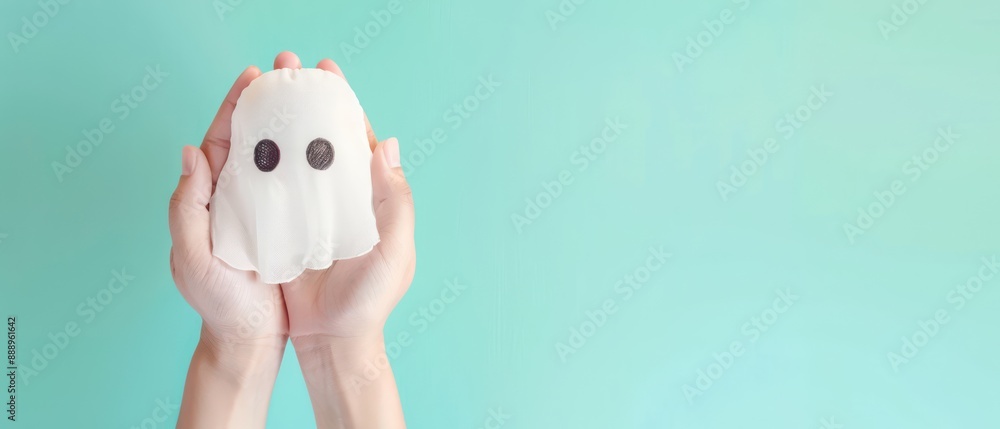 Hands holding a white ghost on a turquoise background. Hands holding a white ghost on a turquoise background.