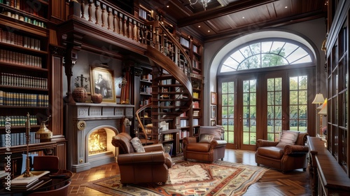 Wallpaper Mural An elegant home library with a spiral staircase, high ceilings, leather armchairs, and a cozy fireplace. Torontodigital.ca