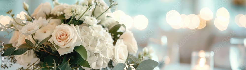 Obraz premium A bouquet of white roses is displayed in a glass vase. The flowers are arranged in a way that highlights their beauty and elegance. Scene is one of sophistication and refinement