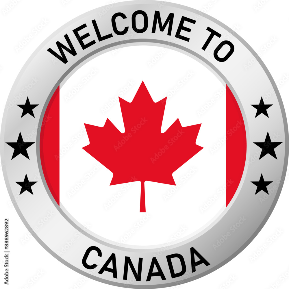 Chrome ring with the inscription: Welcome to Canada, in the center - a circle and the flag of Canada. For industrial enterprises, products, production. Vector illustration. Chrome ring with the inscription: Welcome to Canada, in the center - a circle and the flag of Canada. For industrial enterprises, products, production. Vector illustration.