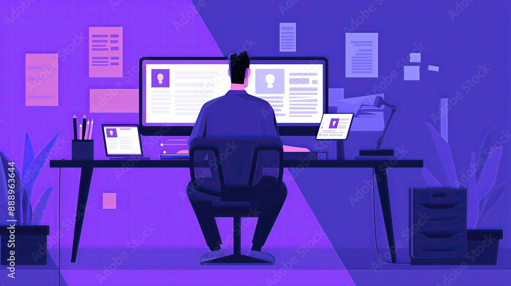 A designer working on UI/UX design for a mobile app. A flat vector illustration of a creative man in a dark purple office room with a computer and monitors displaying website wireframe mockups. A designer working on UI/UX design for a mobile app. A flat vector illustration of a creative man in a dark purple office room with a computer and monitors displaying website wireframe mockups.
