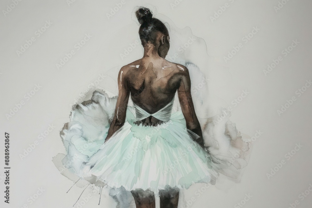 Fototapeta premium A captivating watercolor scene against a white canvas: A fair-skinned ballerina in a mint green tutu stands gracefully, her back turned to the viewer, creating a visually stunning contras