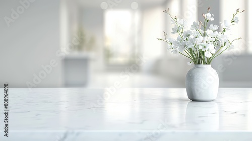 A white vase with a flower in it sits on a table. The vase is placed in front of a window, which lets in natural light. The scene is simple and elegant, with the vase and bowl being the main focus