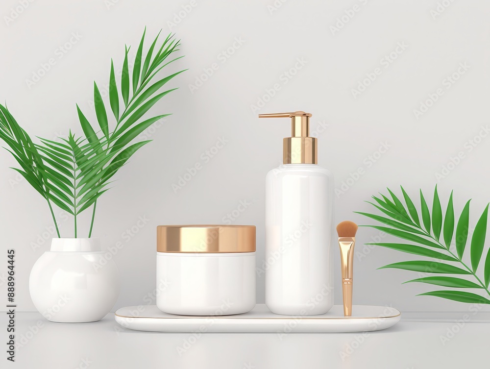 White and gold cosmetic set with green leaves on white background. White and gold cosmetic set with green leaves on white background.