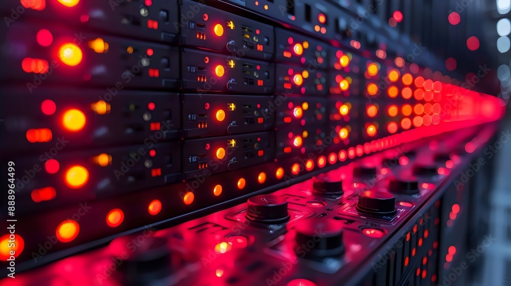 A row of computer servers with red lights on A row of computer servers with red lights on