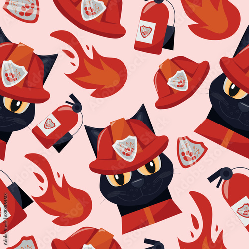 seamless pattern of a black cat dressed in a red fireman's uniform and things belonging to a fireman