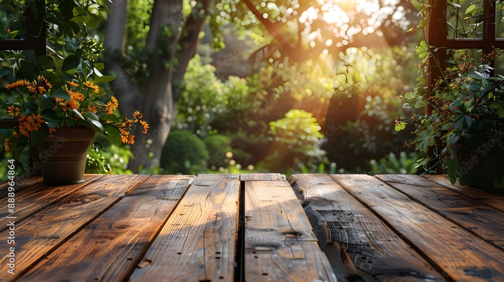 Abstract empty wooden desk table food restaurant mockup display products outdoor trees plants grass Abstract empty wooden desk table food restaurant mockup display products outdoor trees plants grass