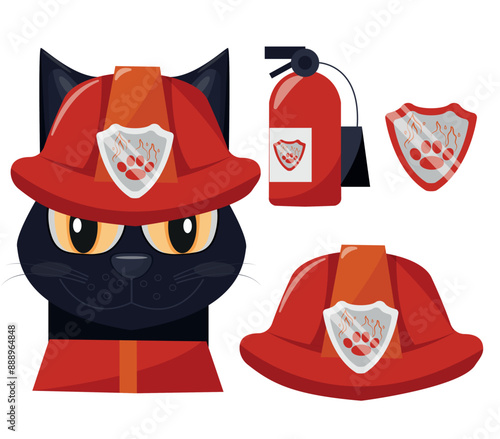 vector illustration of a black cat wearing a red fireman's uniform and things belonging to a fireman, for cat day and profession day, isolated on white background