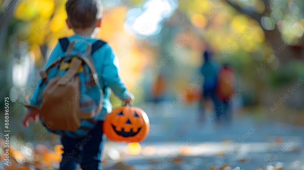 Halloween-Themed Scavenger Hunt for Children on an Autumn Path with Blurred Background Halloween-Themed Scavenger Hunt for Children on an Autumn Path with Blurred Background