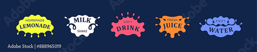 Set of stickers, emblems, labels and logos for different and drinks. Design elements with water splash, dropsand, waves. Vector art