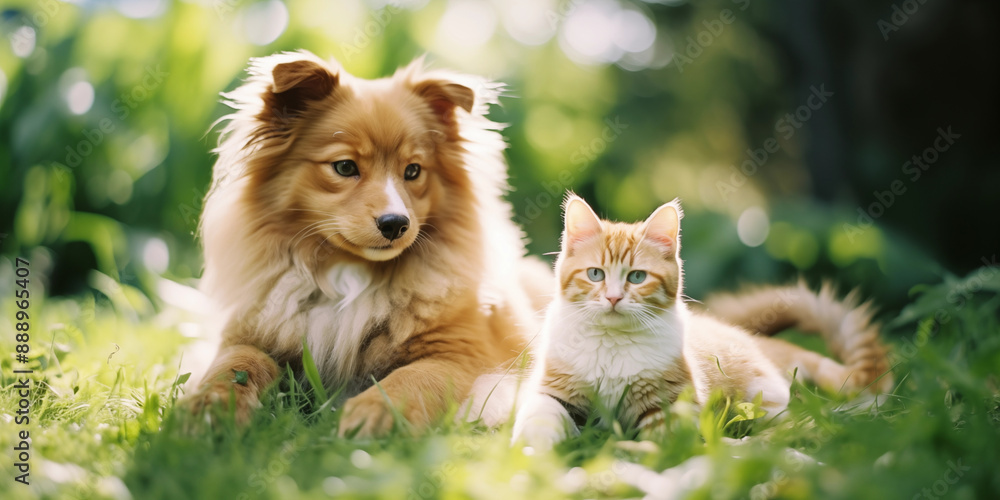 Obraz premium Dog and cat on grass background. Shelter pets, animals. Veterinary, zooclinic, goods for animals..