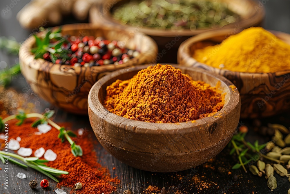 Closeup of turmeric powder in a wooden bowl on a dark tabletop Closeup of turmeric powder in a wooden bowl on a dark tabletop