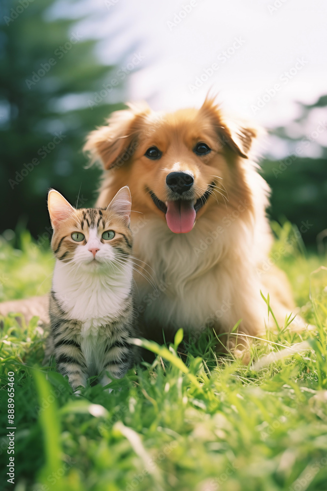 Dog and cat on grass background. Shelter pets, animals. Veterinary, zooclinic, goods for animals.. Dog and cat on grass background. Shelter pets, animals. Veterinary, zooclinic, goods for animals..