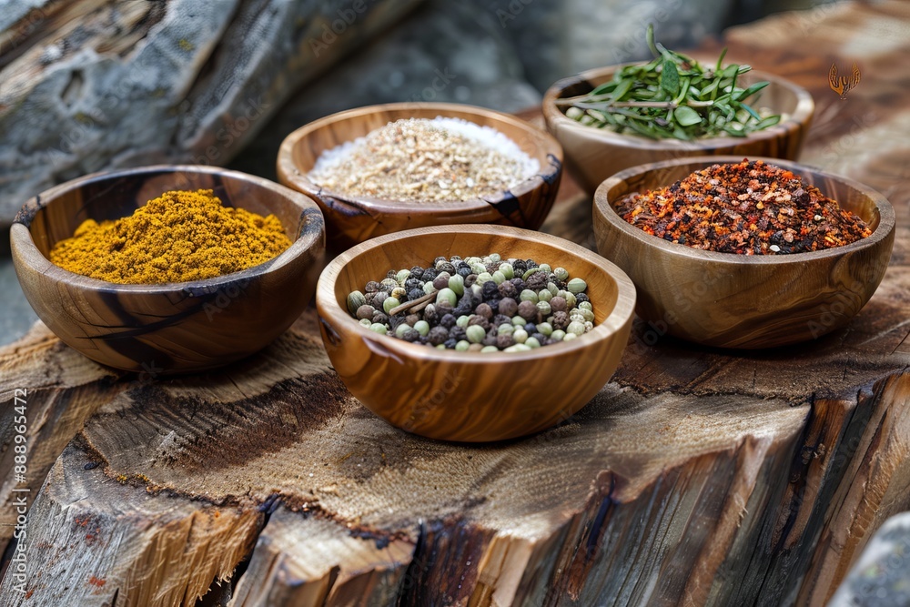 Wooden bowls filled with spices on a rustic tree stump Wooden bowls filled with spices on a rustic tree stump