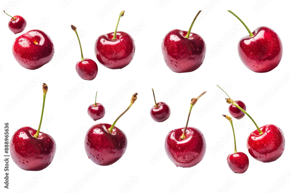 Several cherries with a bright red color, shown in multiple side views, each isolated on a pristine white background Several cherries with a bright red color, shown in multiple side views, each isolated on a pristine white background