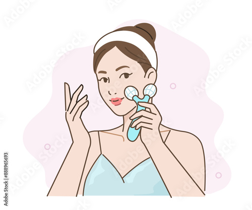 Girl use facial massage roller. Beauty anti aging device concept. Vector illustration.