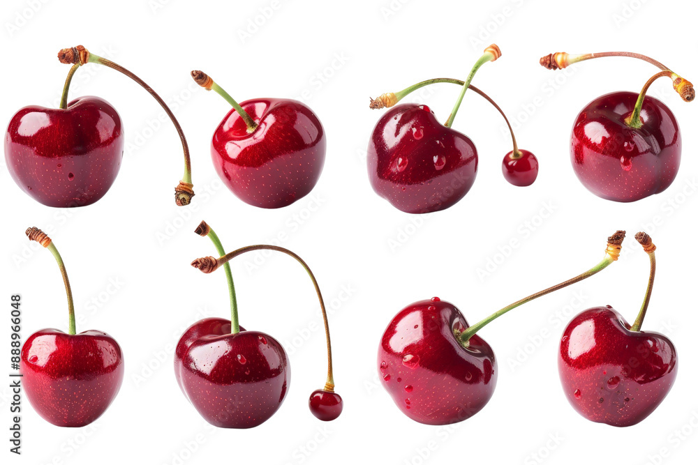Several cherries with a bright red color, shown in multiple side views, each isolated on a pristine white background Several cherries with a bright red color, shown in multiple side views, each isolated on a pristine white background