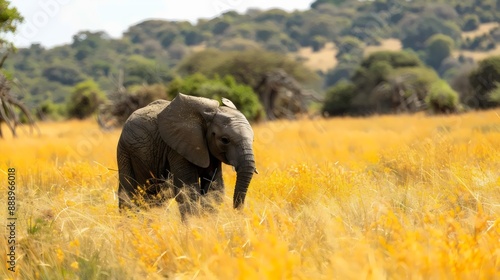 A baby elephant is walking through a field of tall grass