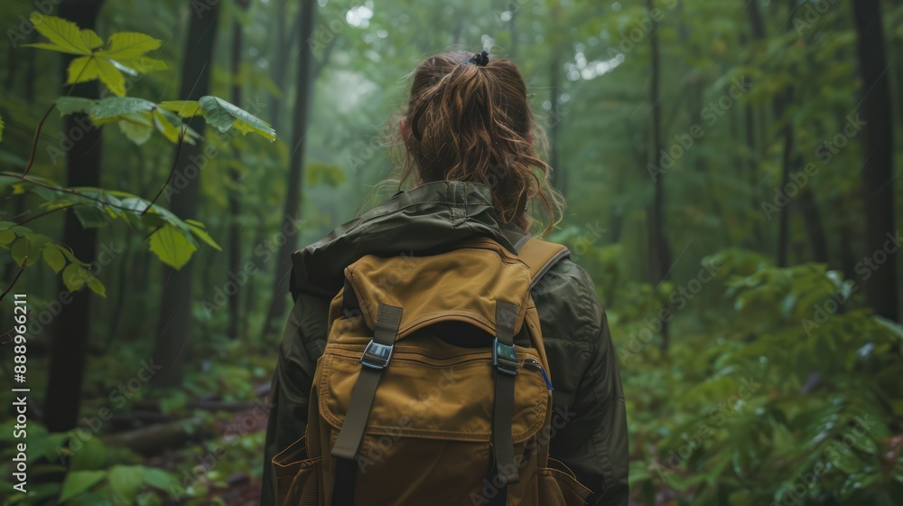 In the middle of the vast forest, a tourist with a backpack walks, admiring the beautiful nature of the rainy season. She feels relaxed because of the nature before her. In the middle of the vast forest, a tourist with a backpack walks, admiring the beautiful nature of the rainy season. She feels relaxed because of the nature before her.
