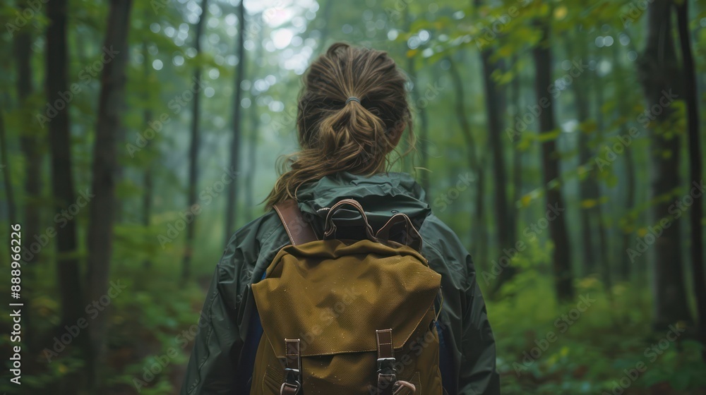 In the middle of the vast forest, a tourist with a backpack walks, admiring the beautiful nature of the rainy season. She feels relaxed because of the nature before her. In the middle of the vast forest, a tourist with a backpack walks, admiring the beautiful nature of the rainy season. She feels relaxed because of the nature before her.