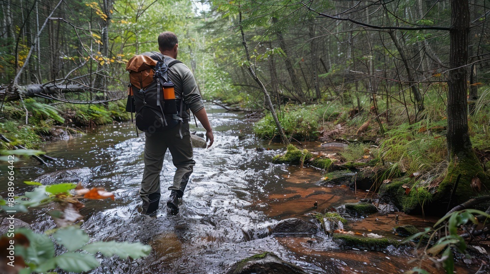 The tourist carrying a large backpack walks on a small stream amidst the lush and dense forest, enjoying a relaxing and adventurous journey. The tourist carrying a large backpack walks on a small stream amidst the lush and dense forest, enjoying a relaxing and adventurous journey.